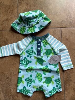 Mud Pie Green Turtle Print One-Piece Swim Romper with Sun Hat